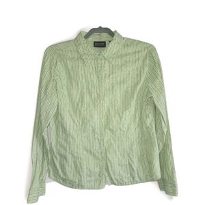 New York & Company Light Green Pinstripe Shirt w/ Flower Embroidery